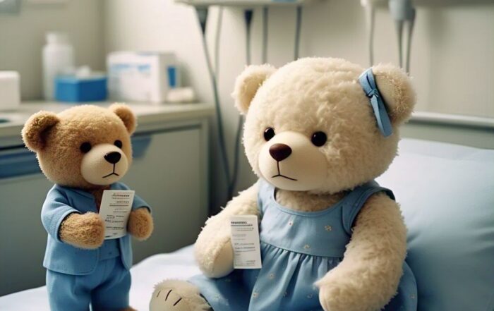 Boneka beruang berwarna cream dengan dress biru dan pita biru di telinga kiri berdiri di depan apoteker. Boneka beruang bersedih dengan menggenggam resep obat sementara boneka apoteker menyilangkan tangan