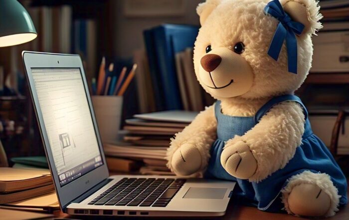 Boneka beruang berwarna cream dengan dress biru dan pita biru di telinga kiri. Ia tersenyum sambil mengetik di depan laptop tentang artikel trombositemia esensial (foto: Meta AI)