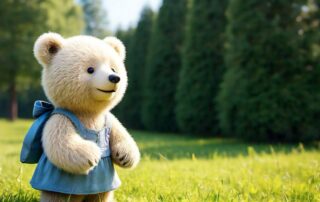 Boneka beruang berwarna cream berbaju dress biru dan pita biru di telinga kiri sedang berdiri di tengah lapangan rumput hijau nostalgia masa kecil