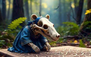 Boneka beruang berwarna cream mengenakan dress biru dan pita biru di telinga kiri sedang duduk sambil menggambar permainan tradisional engklek di tanah dengan sebatang ranting