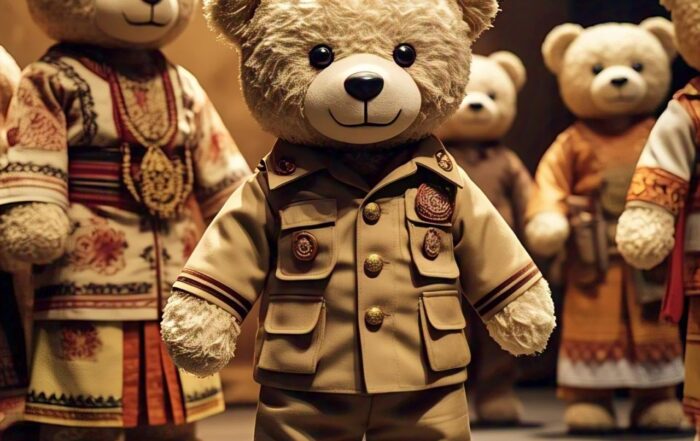 Boneka beruang berwarna cream menggunakan pakaian TNI dan boneka beruang menggunakan baju adat Sumatra Selatan berdiri di atas panggung acara silaturahmi keluarga besar RISUKO