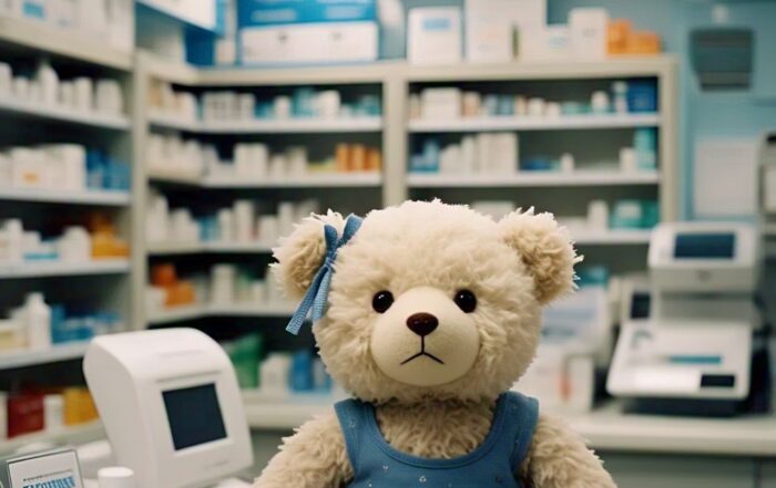 seekor beruang teddy berwarna krem dengan pita biru di kepalanya dan mengenakan gaun biru. Beruang teddy ini berada di atas meja di sebuah apotek. Latar belakang gambar adalah rak-rak yang penuh dengan obat-obatan, sebuah mesin kasir, dan beberapa peralatan apotek lainnya. Ruangan apotek terlihat cukup terang dengan pencahayaan yang cukup. ia sedih karena hydroxyurea langka.