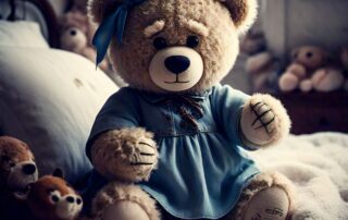 Boneka beruang berwarna cream dengan pita biru di telinga kiri mengenakan dress biru sedang menggaruk ruam kulit karena trombositemia esensial