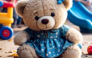 Boneka beruang berwarna cream dengan pita biru dan dress biru merasa kelelahan saat beraktivitas karena trombositemia esensial