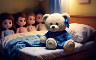 Boneka beruang berwarna cream dengan pita biru di telinga kiri mengenakan piyama biru. Ia terduduk di atas kasur dalam kondisi berkeringat karena trombositemia esensial