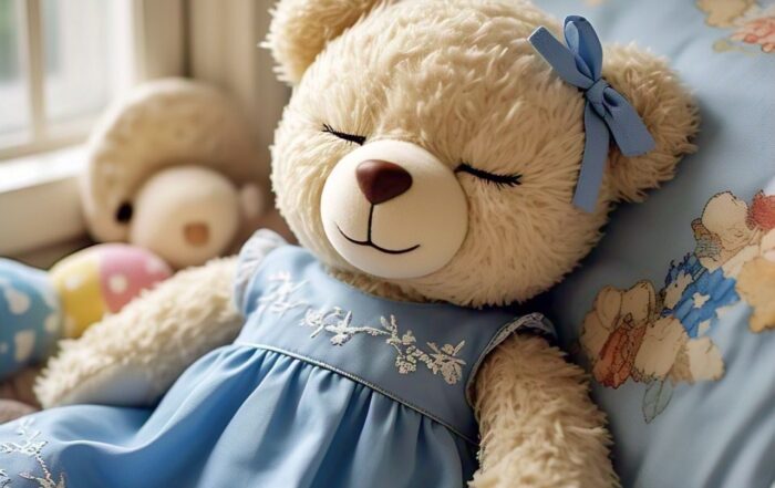 Boneka beruang berwarna cream mengenakan dress biru dan pita biru di telinga kiri sedang bermimpi berlari di rumput hijau dan langit biru puisi: cuma mimpi