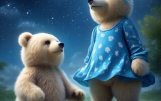 Boneka beruang cream megnenakan dress dan pita biru sedang meantap langit malam yang bertabur bintang