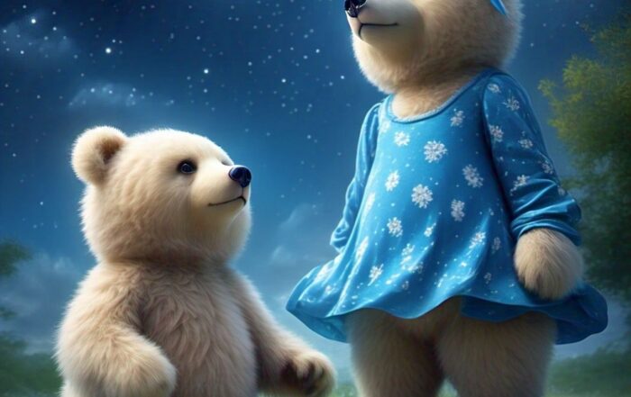 Boneka beruang cream megnenakan dress dan pita biru sedang meantap langit malam yang bertabur bintang