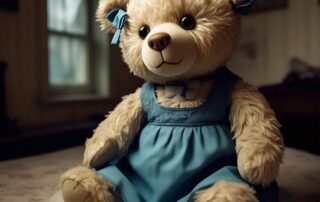 Boneka beruang berwarna cream mengenakan dress biru dan pita biru di telinga kiri sedang kelaparan karena berpuasa saat hamil kembar trimester pertama