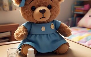 Boneka beruang cream mengenakan dress biru dan pita biru di telinga kiri di hadapannya ada sebotol obat dan ai putih dan ia lupa minum obat