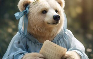 Boneka beruang cream megnenakan dress dan pita biru sedang membaca surat cinta, puisi: sudah ku bilang