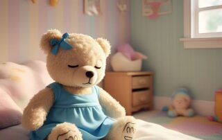 Boneka beruang berwarna cream mengenakan dress biru dan pita biru sedang merasa lemas karena puasa saat hamil muda