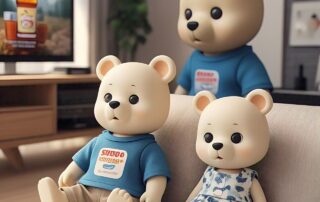 Tiga boneka beruang berwarna cream sedang menonton televisi pengalaman puasa pertama