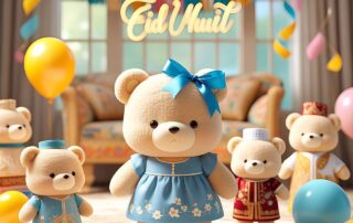 suasana perayaan Idul Fitri yang digambarkan melalui sekumpulan boneka beruang. Di latar belakang, terlihat dekorasi khas Lebaran seperti tulisan "Eid Mubarak" berwarna emas yang menggantung di atas jendela besar dengan tirai terbuka. Selain itu, terdapat hiasan rumbai-rumbai berwarna-warni seperti hijau, merah muda, biru, dan kuning yang menambah semarak suasana. Di bagian tengah gambar, terdapat lima boneka beruang yang mengenakan pakaian muslim. Boneka beruang yang paling depan dan tengah berukuran lebih besar dari yang lain. Beruang yang di tengah mengenakan gaun berwarna biru muda dengan motif bunga putih dan pita biru di kepalanya. Beruang di sebelah kirinya mengenakan pakaian muslim anak-anak berwarna biru muda dengan hiasan emas. Tiga boneka beruang lainnya berada di belakang. Beruang di sebelah kanan mengenakan baju koko berwarna putih dengan peci berwarna merah dan cokelat. Dua beruang di sebelah kiri dan kanannya mengenakan pakaian berwarna merah dan putih dengan hiasan emas, serta peci berwarna putih. Beberapa balon dengan warna kuning, biru muda, dan merah muda juga terlihat di sekitar boneka beruang, menambah kesan ceria dan perayaan. Lantai ruangan ditutupi dengan karpet bermotif bunga