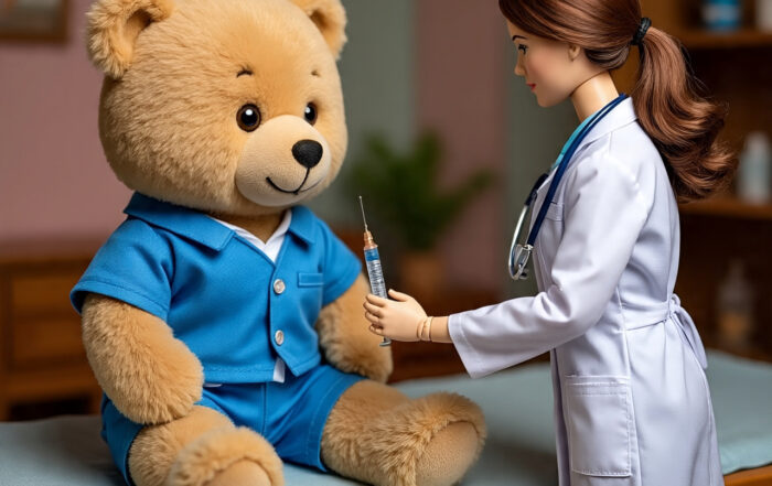boneka beruang berukuran sedang yang mengenakan pakaian biru sedang duduk di meja pemeriksaan. Di hadapannya, sebuah boneka yang menyerupai dokter atau perawat, mengenakan jas lab putih dan stetoskop di lehernya, sedang memegang suntikan berisi cairan biru,